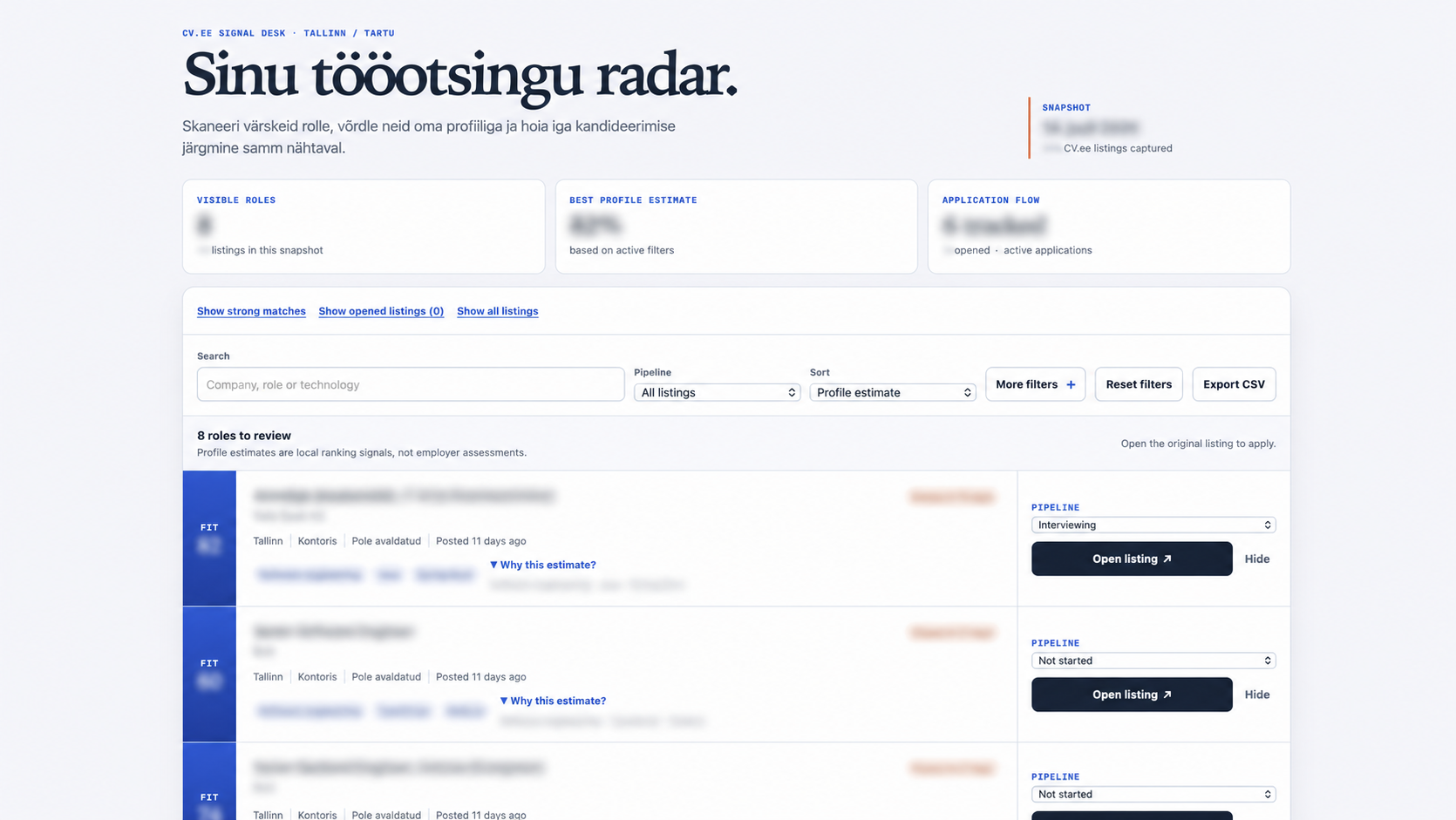 Anonüümitud job-finderi töölaud filtrite, profiilisobivuse hinnangute ja kandideerimisvooga